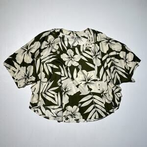 Vtg 90s MAKAI BEACH Hawaii Green Tropical Floral Top S/M / Rayon Dolman Sleeves